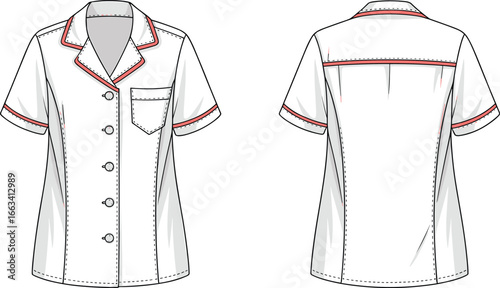 Front and back view short sleeve women’s button shirt with red piping, classic collar, pocket design, casual summer top vector illustration