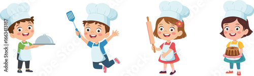 Happy cartoon children cooking, cute kids chefs, baking and preparing food, smiling little cooks, kitchen fun, chef hats, playful culinary vector illustration