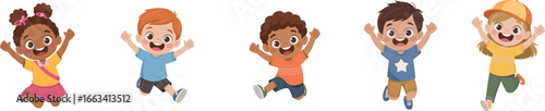 Happy diverse children jumping in the air, cartoon boys and girls, playful friends illustration, joyful kids group, fun celebration moment, cheerful