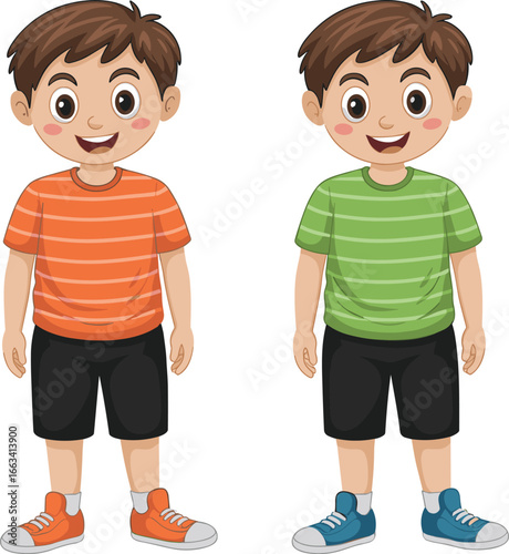 Happy twin boys standing together, cartoon children wearing colorful striped t-shirts, smiling kids illustration with shorts, cute playful brothers vector design