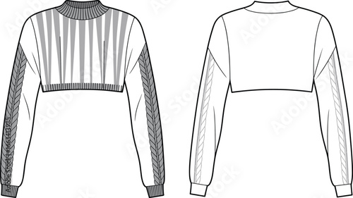 CAD drawing flat vector illustration of cropped sweater with braided sleeve texture, ribbed neckline, stylish knitwear template, fashion layout front and back