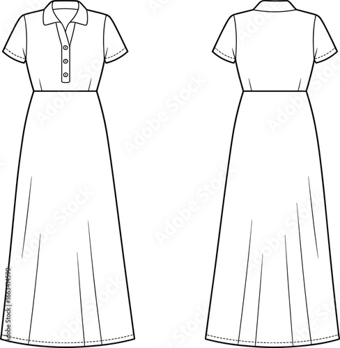 Short sleeve collared button-down maxi dress flat sketch, front and back view, fashion technical drawing, garment design template for apparel industry