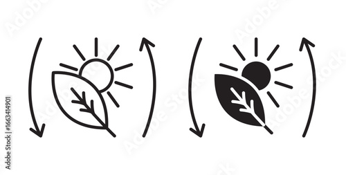 Photosynthesis icon with plant and sun, natural energy exchange, plant biology, sustainability, environment and ecological science. Vector illustration with stroke and fill on a white background.