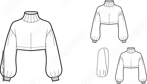 CAD drawing flat vector illustration of cropped sweater with puff sleeves and ribbed neckline, stylish garment layout, fashion sketch, front and back views