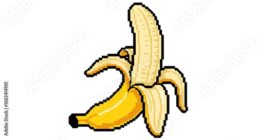 Pixel art icon of a peeled yellow banana. Retro 8-bit video game style food illustration with a crisp outline isolated on a white background