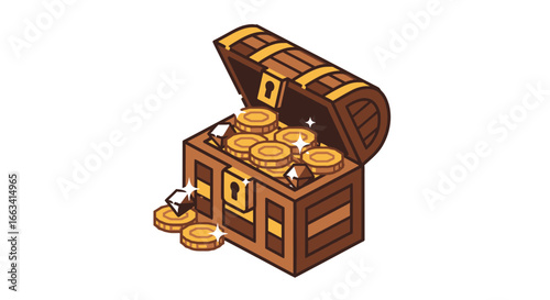 A simplified vector icon of an old wooden treasure chest overflowing with shiny gold coins, representing pirate loot, wealth, and fortune