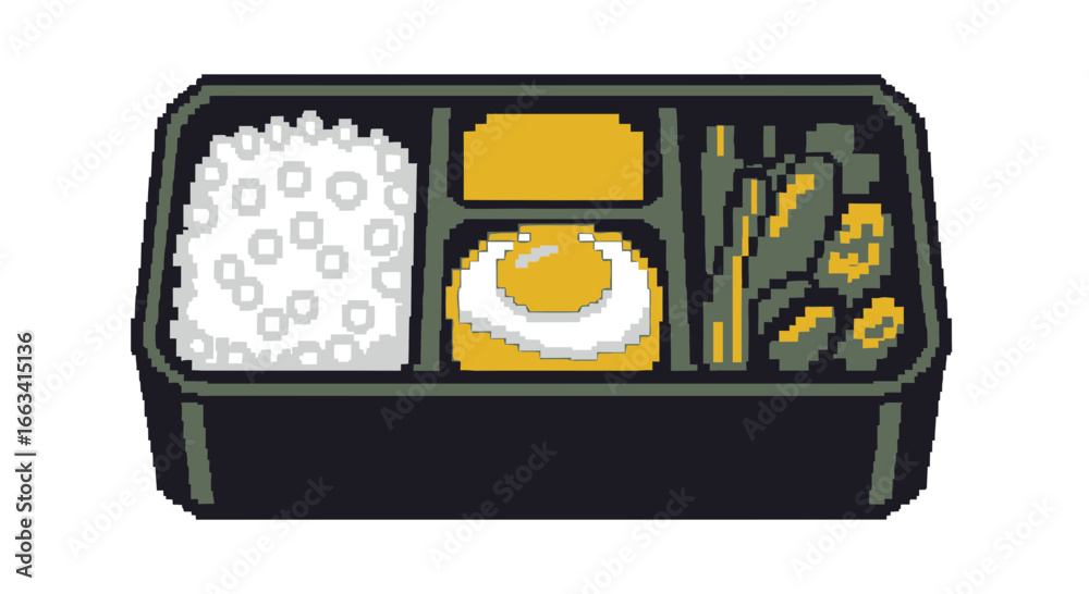 Pixel art bento box lunch illustration, featuring rice, fried egg, and vegetables in a compartmentalized container