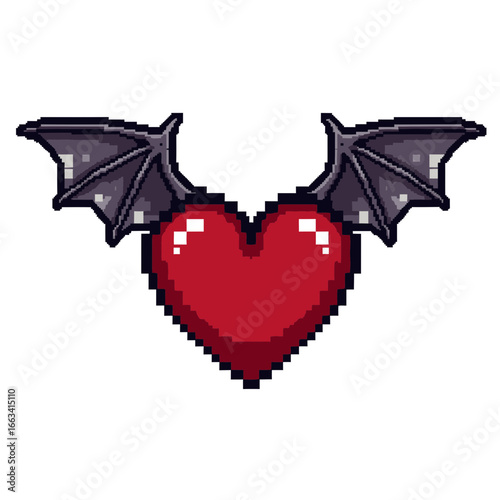 Pixel art illustration of a red heart with dark demonic bat wings, representing gothic love or a fantasy life icon