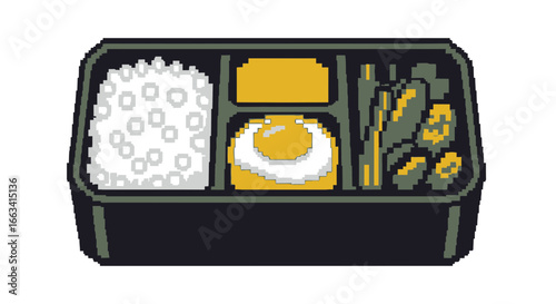 Pixel art bento box lunch illustration, featuring rice, fried egg, and vegetables in a compartmentalized container