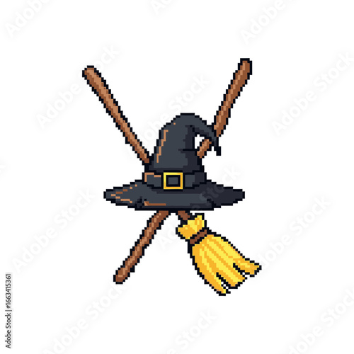 Pixel art icon featuring a witch's hat and broomstick, perfect for Halloween and fantasy themes