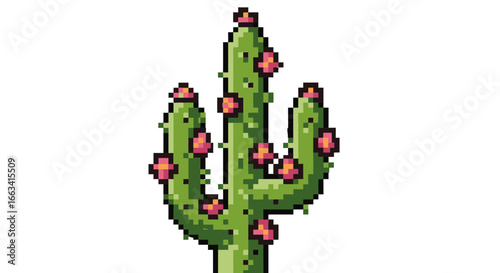 Pixel Art Cactus Icon with Blooming Flowers on White Background