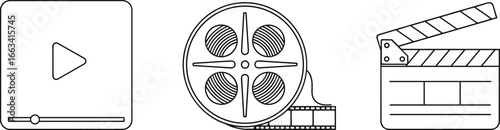 Video player icon, film reel illustration, movie clapperboard outline, cinema production tools, filmmaking symbols, entertainment industry graphics, line art style, vector design