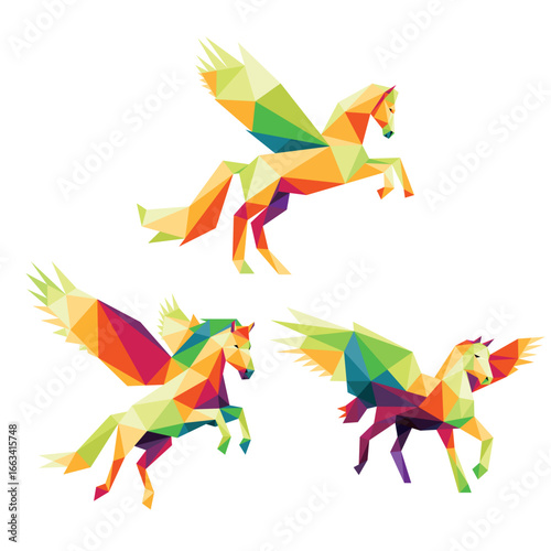 Set of Pegasus Colorful Polygonal Low Poly Vector. Colorful Abstract Vector of Pegasus Collection. Flying Pegasus Colorful Illustration logo