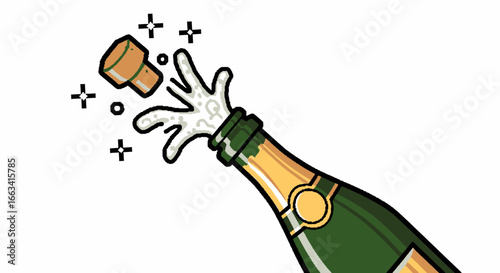 Vibrant illustration of a champagne bottle popping its cork with golden sparkles, symbolizing celebration and triumph