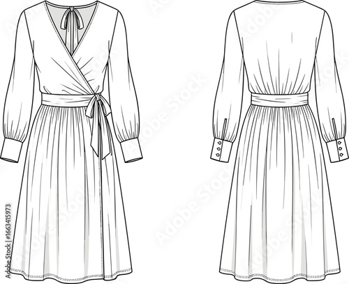 Women wrap dress fashion flat sketch, long sleeve midi dress with belt, front and back view, vector apparel design template
