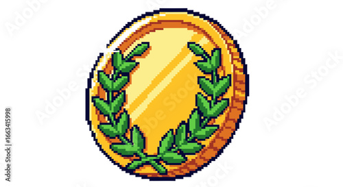 Pixel art gold coin icon with a green laurel wreath, representing victory or an award. Shiny medal for video games or apps
