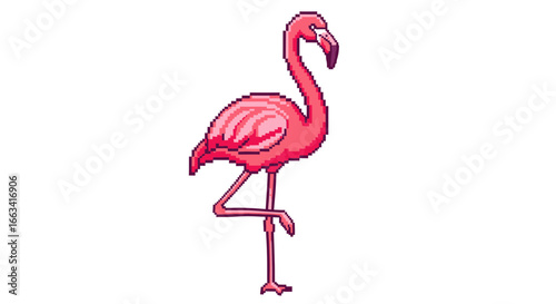 Graceful pink flamingo standing on one leg in a retro pixel art style. 8-bit video game sprite icon on a clean white background