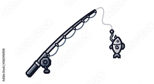 Fishing Rod and Fish Pixel Art Simple Illustration of Angling