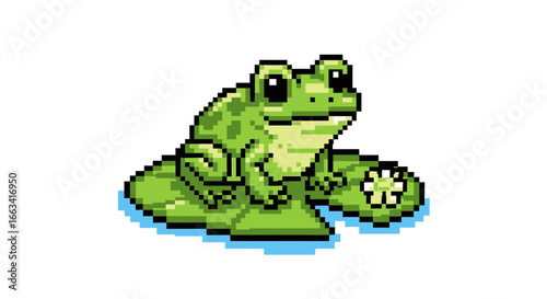 Pixel art icon of a cute green frog sitting on a lily pad in water, 8-bit retro video game sprite asset on a white background