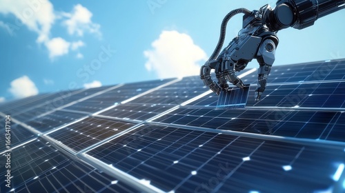 Robotic arm maintains solar panel array