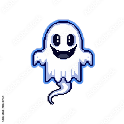 A cheerful pixel art ghost character with a friendly grin and a faint blue ethereal glow