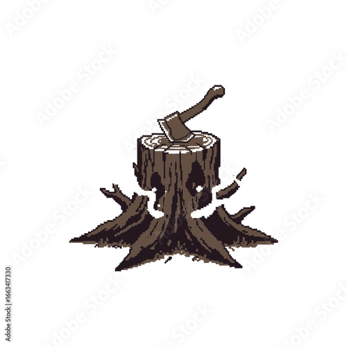 Pixel Art Tree Stump with Axe Icon - A Symbol of Deforestation and Nature's Struggle