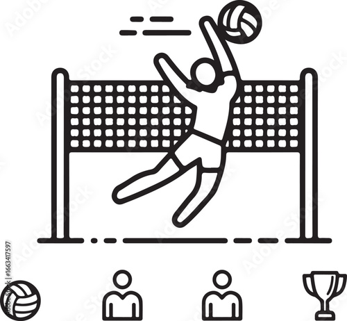 Volleyball Player Spiking Ball Over Net Icon sport