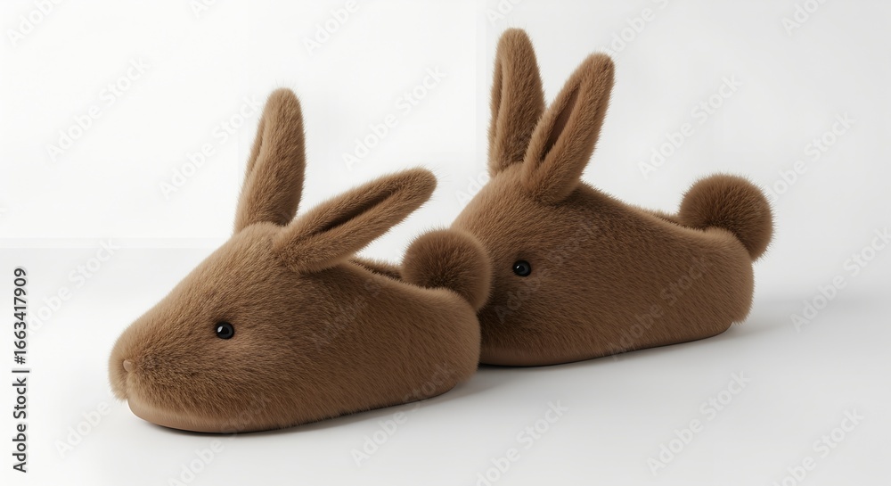 Obraz premium pair brown fuzzy bunny slippers with standing ears and fluffy tails