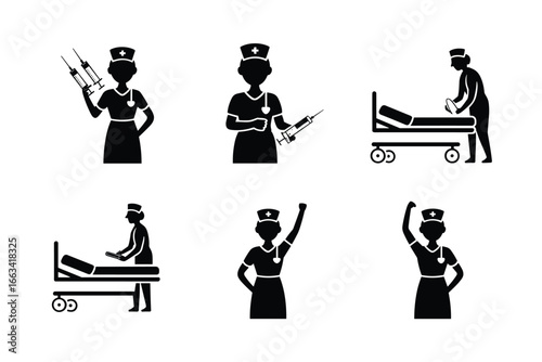 Black and white nurse silhouette vector set, medical staff actions, hospital care, empowerment poses, stethoscope, syringe, healthcare professional illustration