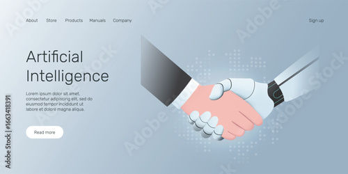 Web banner Ai robot Handshake. Collaboration between human and artificial intelligence. Technology professional partnership, Artificial Intelligence  landing page concept.
