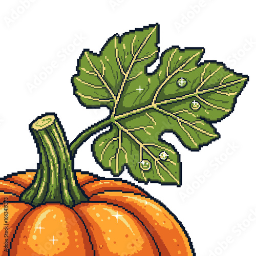Pixelated Pumpkin Detail Icon with Stem and Leaf, Featuring Dew Drops on White