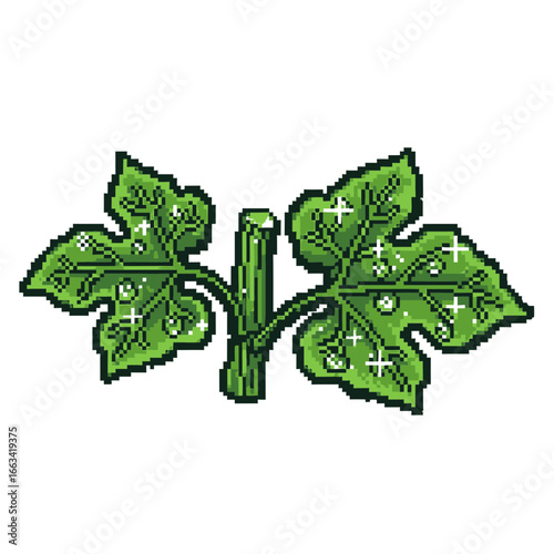 Pixel Art Green Leaf Icon with Sparkling Dew Drops and a Textured Stem