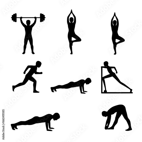 Collection of silhouetted figures performing various fitness activities and yoga poses isolated on transparent background