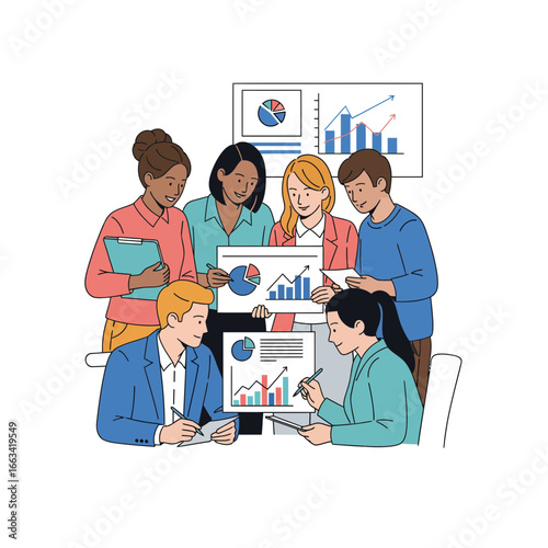 Diverse professional team collaborating on business strategy and data analysis, fostering teamwork and achieving common goals in a productive meeting environment