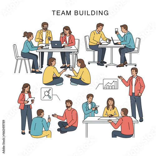 Diverse group of people collaborating on projects in a modern office setting, fostering teamwork and professional development