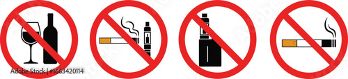 Prohibition signs set, no alcohol, no smoking, no vaping icons, red circle with diagonal line, health and safety regulation vector illustration