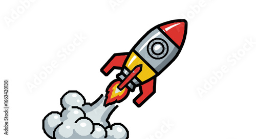 Simple vector icon of a red and grey space rocket taking off with a fiery exhaust trail