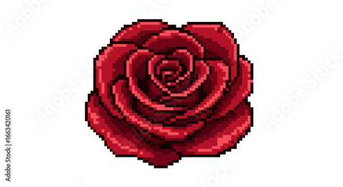 Vibrant pixel art illustration of a single elegant red rose bloom, a charming digital flower icon graphic