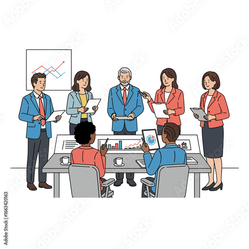 Diverse business professionals collaborating in a modern office meeting, presenting data on digital devices and charts