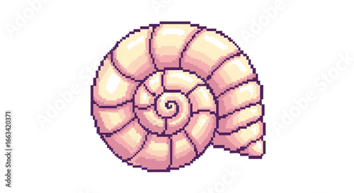 Pixelated Seashell Icon Detailed Digital Art of a Spiraling Shell on White Background