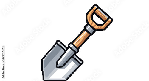 Pixel art shovel icon with a wooden handle, perfect for gardening or construction game assets