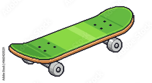 Pixel art green skateboard icon with white wheels and trucks, clean design