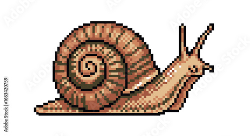 Captivating pixel art rendering of a brown garden snail showcasing intricate shell detail and antennae
