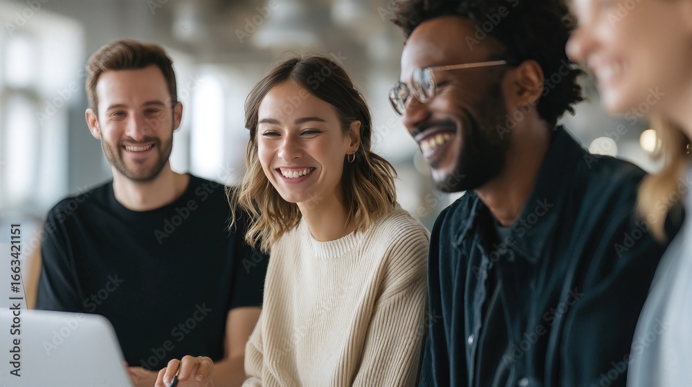 Obraz premium Shared Laughter and Teamwork: A group of diverse colleagues share a lighthearted moment, collaborating together in an office environment.