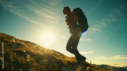 Hiker Ascending Mountain Trail During Sunset Capturing Nature and Adventure