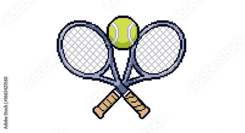 Pixelated tennis icon a tennis racket crossed with a ball on white background