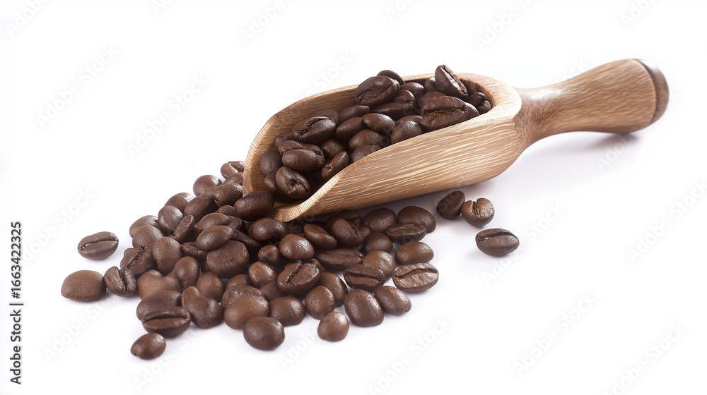 Fototapeta premium Coffee beans scattered with wooden scoop, (clean modern detail, white isolated background