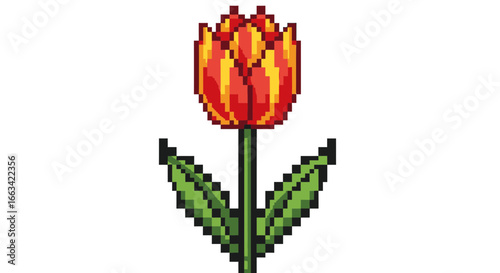 Pixelated Tulip A Vibrant Digital Illustration of a Red and Yellow Flower in Retro 8-Bit Style