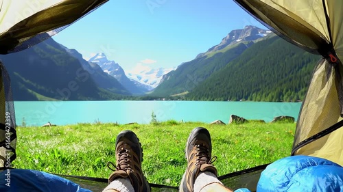 Relaxing outdoor camping experience nestled in scenic mountain landscape with a serene lake view
