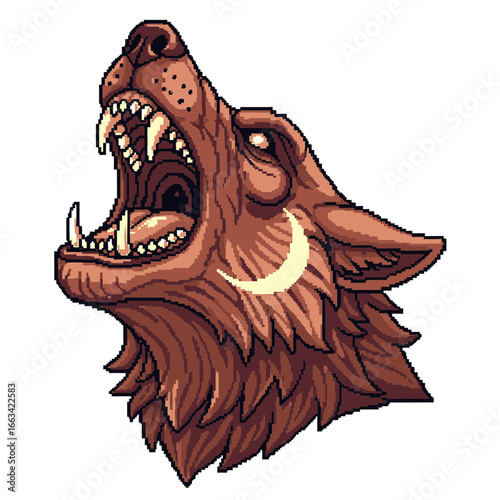 Pixel art icon of a howling werewolf head with a crescent moon detail on its snout, crisp edges, and no background text